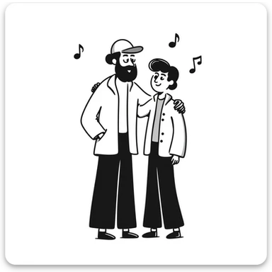 A taller 35-year-old musician with beard and backwards cap with his arm around the shoulder of his shorter, younger 25-year-old musician brother. Both facing forward, smiling. Obvious height difference between them. Music notes floating around and band members celebrating in background. sticker