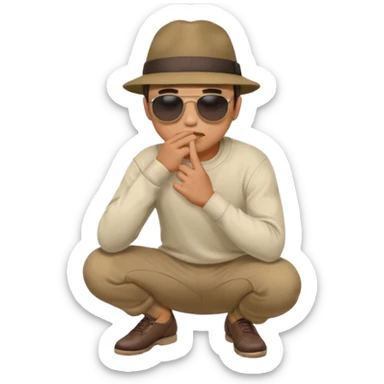 A man squatting down and holdig his hand flat a bit above the ground, like your pettig the air and while holding his finger to his mouth sticker