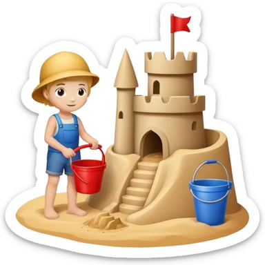 child with a bucket and shovel next to a sandcastle sticker