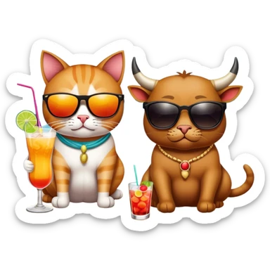 Кошка и бык лежат на пляже вместе, пьют коктейли в Таиланде sticker