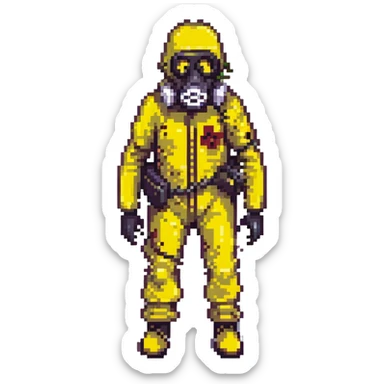 a zombie from the game DAYZ wearing a yellow hazmat suit with a black gasmask sticker