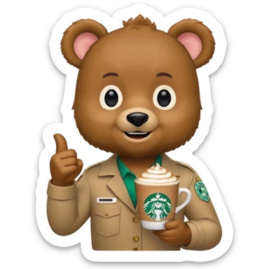 A Funko pop-style bear starbucks worker pointing to the left holding a cappuccino  sticker