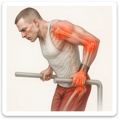 A hyper realistic anatomical illustration of a man performing a dip exercise with evident joint stress. The shoulder, arm, and elbow joints are highlighted in bright red with an X-ray effect showing inflamed joints. Clinical atmosphere with a white background. sticker