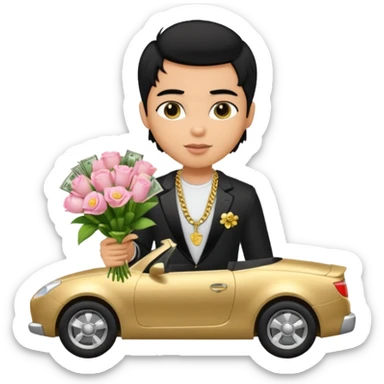 a pretty bratz boy with black hair, holding a bouquet made of money, car behind him sticker
