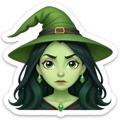 Green-skinned witch with long black hair, embarrassed expression, blushing sticker