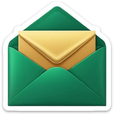 3D minimal envelope icon with subtle star or sparkle accent, matte finish, deep green (#0B3D2C), gold (#C9B037) sparkle, Apple style, sleek and premium, soft shadow, transparent background sticker
