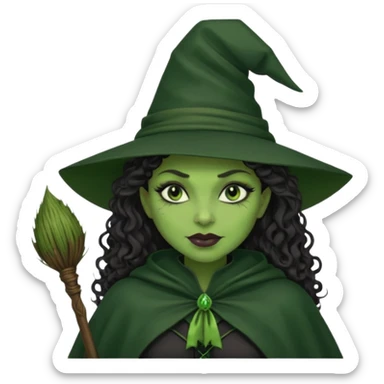 elphaba wicked witch with broom close up, evil dark curly hair, green skin, thick lips, cheekbones, smirk evil menacing cythia erivo dark aesthetic black hat cloak  sticker