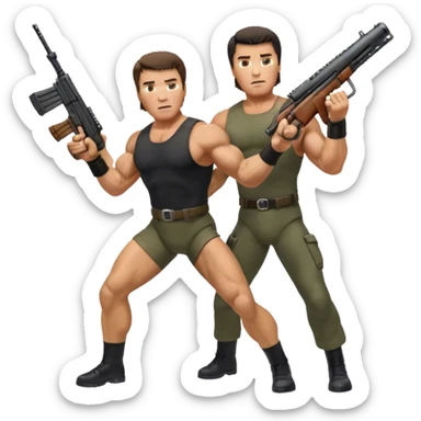 Icon for Action Movies: Schwarzenegger as John Matrix in Commando and Stallone as John Rambo in Rambo, both in iconic action poses with weapons, intense expressions, and explosive backgrounds. Powerful and dynamic with dramatic lighting. Transparent background. sticker