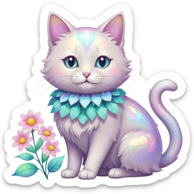 Pastel iridescent shiny ethereal elegant pretty beautiful realistic glossy glittery cat with flowers and pastel colors aesthetic sticker