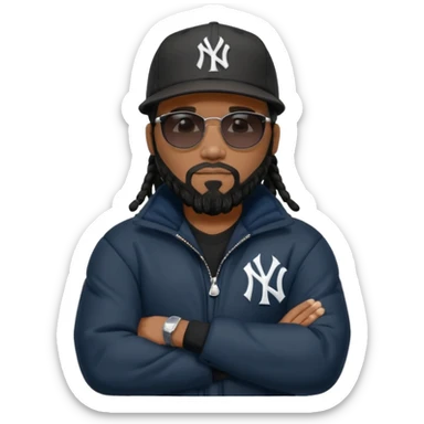 African American man with shoulder length black dreadlocks and black beard wearing black sunglasses with a New York Yankees baseball cap wearing a dark black bubble winter coat with arms folded sticker