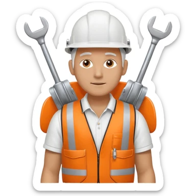 Guy with white head protection with ear noise canceller and orange vest With spanner. On his side carrying side panels for the white server racks sticker
