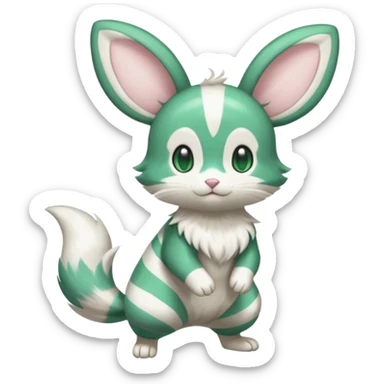 emerald-green, white Purrloin-Minccino-Emolga-fusion (full body) with vertical white stripes running down the whole body sticker