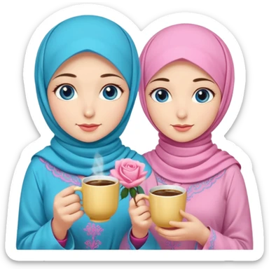 Turkish beautiful finish Konya three girls blue eyes with pink rose and turkis butter yellow hijab islamic dress and had on her hand turkish coffee   sticker