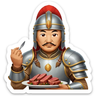 genghis khan with armor and helmet eats cooked meat with hands sticker
