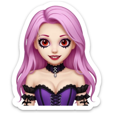 pretty scary girl, long straight LIGHT pink HAIR,SCARY RED eyes, black eyeliner, pale skin, purple corset clothes with laces, AND WITH A GRIN SMILE  sticker