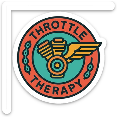 circular motorcycle cap design with the English phrase 'Throttle Therapy', featuring motorcycle motifs like motor, chain, wing, liberating style sticker