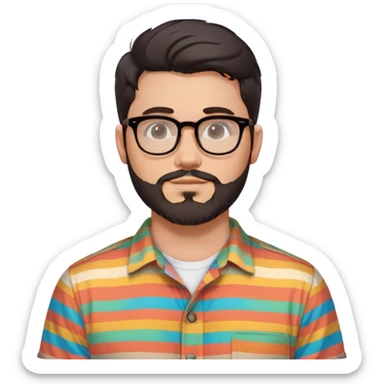 a 30-year-old man with light skin, medium solid build, wide face, soft cheeks, rounded jawline, neutral relaxed expression, short dense full beard, wavy voluminous brown-black hair at the front, large rectangular black thick frame glasses, colorful button-up shirt open showing white t-shirt sticker