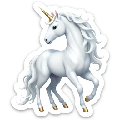 cinematic-beautiful-white-unicorn-full body-emoji,-poised-and-regal,-with-a-slender,-ethereal-form-draped-in-a-pristine-white-color,-a-flowing-mane-and-tail,-and-a-glistening,-spiraled-horn-that-radiates-pure-light,-simplified-yet-sharp-and-majestic, zoomed out to show a majestic unicorn sticker