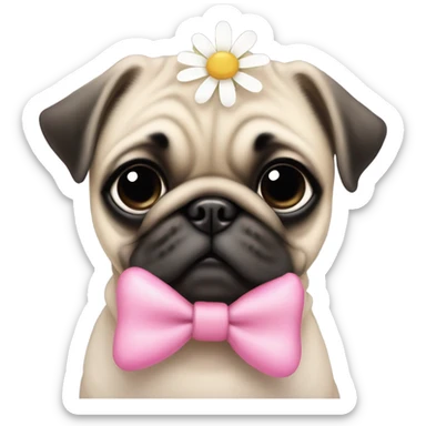 Baby pug with big pink
eyes wearing a pink bow on her head and a daisy in her mouth  sticker