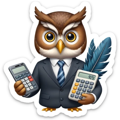 Twilio owl wearing finance outfit with business suit and tie, holding calculator sticker