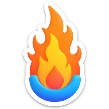 classic fire emoji, 3D style, blue to orange gradient, glossy and smooth, matching reference image, new shape variation sticker