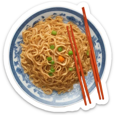 Chinese fried noodle in white and blue plate with orange spoon and chopsticks sticker