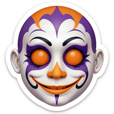 Juggalo smiley face that is Perfectly round and hairless with white skin and elaborate but symmetrical lined face paint that is orange outlined in dark purple sticker