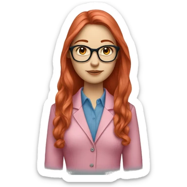 White-girl-with-long-hair-red-head-eyes-blue-wearing-glasses-blouse-formal-pink sticker