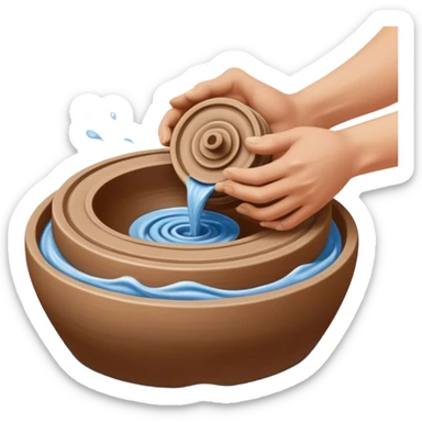 Cinematic Realistic image of a ceramic pottery wheel in action, with skilled hands shaping wet clay into a graceful form, featuring intricate details of swirling textures and gentle water splashes, illuminated by soft, artisanal lighting sticker