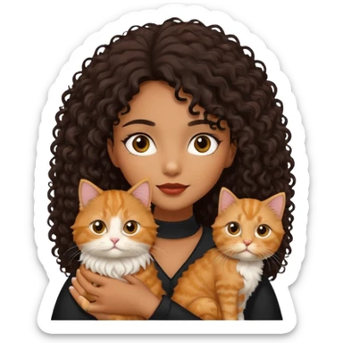 a brown/tan girl with black curly hair holding a ginger Persian cat with long fur sticker