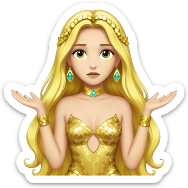 Hera from Lore Olympus with long gold hair, gold sequin outfit sticker