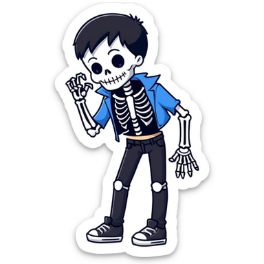 black-haired, blue-eyed person wearing a black skeleton top and ripped black jeans sticker