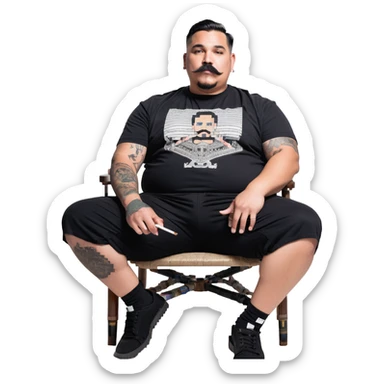 Large man reclining in chair, legs spread, smoking a cigarette, round face, very short black hair, beard and mustache, light skin, black t-shirt with light stripes at top riding up to show belly, black shorts, arms covered in black graphic tattoo patterns sticker