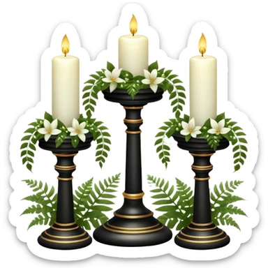 Aesthetic scenic beautiful gorgeous pretty elegant sparkly shiny scene of Candles white and with flowers and marble pedestals and lush vines and ferns sticker