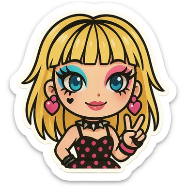 emoji inspired by Betsey Johnson, featuring punk glam elements, vibrant makeup, and whimsical fashion sticker