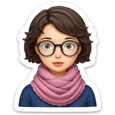 A shy brunette hair wavy short hair woman with big round glasses and thick scarf, blushing from the cold. sticker