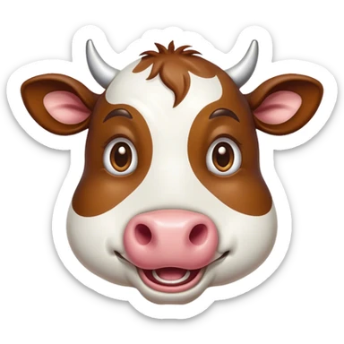 Cinematic Comical Brown and White Cow Portrait Emoji, Head tilted dramatically with an exaggeratedly amused expression, featuring a striking, glossy hide with a dynamic mix of brown and white, wide, expressive brown eyes filled with playful disbelief, Simplified yet hilariously expressive features, highly detailed, glowing with a slightly sassy glow, high shine, dramatic yet playful, stylized with an air of cheeky mischief, bright and endearing, soft glowing outline, capturing the essence of a spirited and over-the-top cow, so meme-worthy it feels like it could moo its way into internet fame instantly! sticker