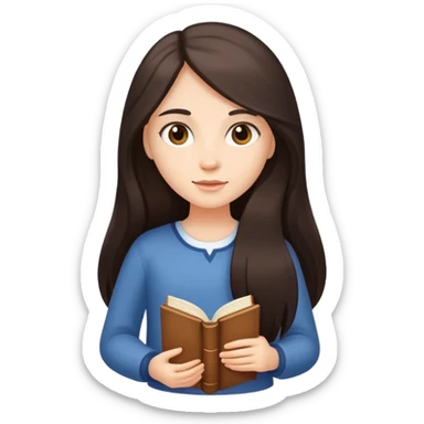 girl with fair skin and long dark hair holding a  book sticker