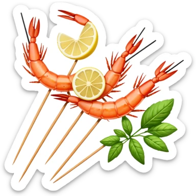 Draw grilled prawns on skewers with herbs & lemon slices. sticker