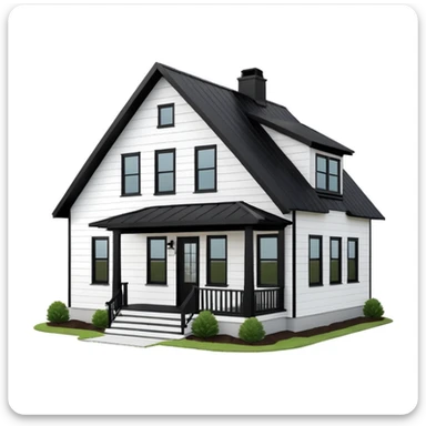 modern farmhouse with white siding, black roof and black trim, exterior view, 3d sticker