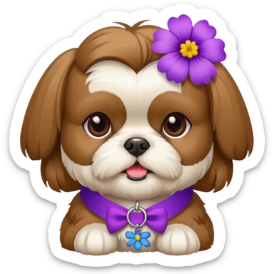 brown and white female shih tzu with purple flower collar  sticker