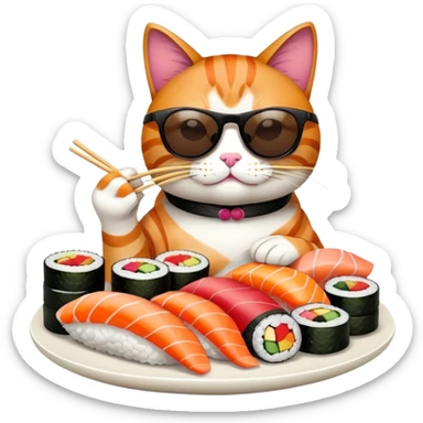 cool cat wearing sunglasses eating a big pile of colorful sushi pieces, stylish cat enjoying sushi sticker