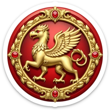 Golden griffin crest / brosch in a circle with red gems sticker