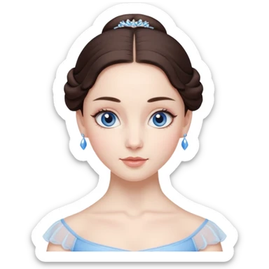 Realistic Ballerina Portrait, with porcelain-like skin featuring a natural rosy flush, illuminated by soft lighting that highlights the gentle contours of her face. Her Brunette hair flows in soft.Her deep blue eyes radiate framed by arched brows and long lashes. sticker