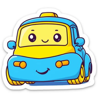 A yellow cartoon toy car with a cute face and rosy cheeks sticker