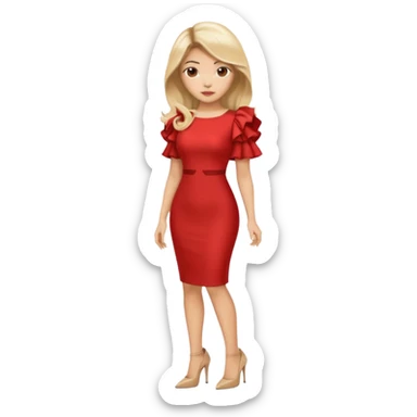 An Asian Lady with Voluminous balayage hair, blonde highlights in a red dress and beige heels  sticker