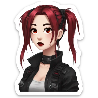 Gorgeous gothic dark techwear anime style lady with blushing face aesthetic and pretty edgy black red punk messy ponytail hair with collar and harness trending style sticker