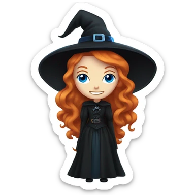 Gothic witch with blue eyes, ginger hair, smiling sticker