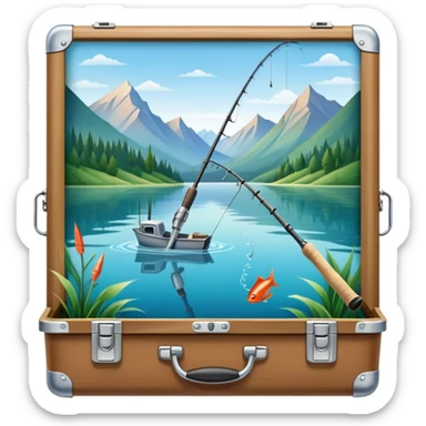Icon for Fishing Travel: a fishing rod, tackle box and a boat on a calm lake surrounded by mountains and lush greenery, with fish jumping out of the water. The icon should capture the peaceful and adventurous nature of fishing trips. Transparent background. sticker