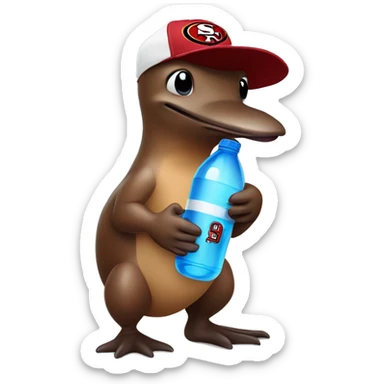 brown platypus wearing a white 49er hat holding water bottle sticker